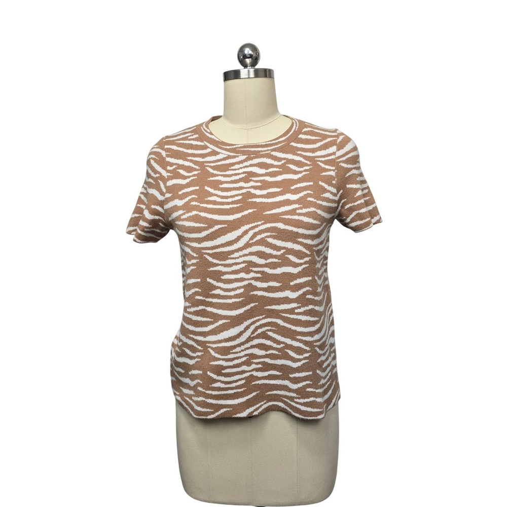 Anthropologie Tiger Print Knit Short Sleeve Top Women's XS Brown‎ White